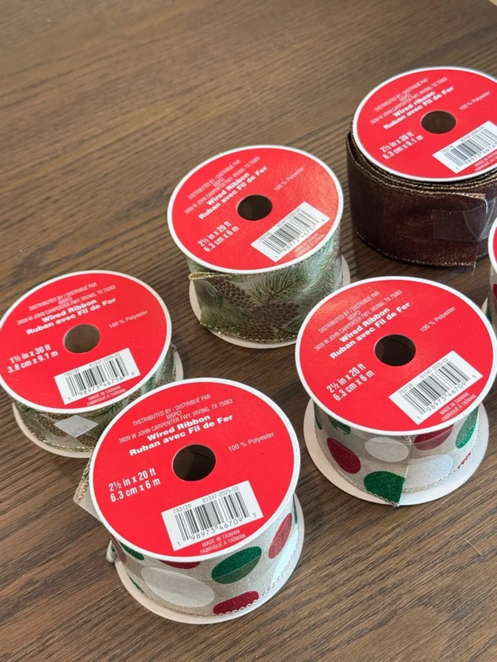 Assorted Wired Holiday Ribbon - Red, Green, White, Gold, Silver , Brown